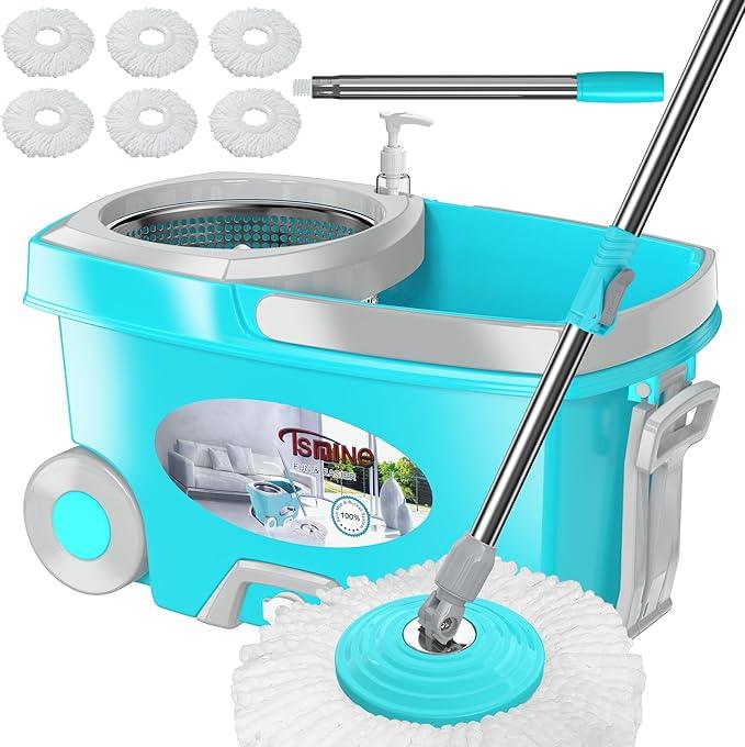 FunClean Spin Mop and Bucket,Mop and Bucket with Wringer Set for Home,360 Spinning Mopping Floor Cleaning Tool with 6 Microfiber Replacement Head Refills,61" Extended Handle, 2X Wheel - Blue - NeatNest