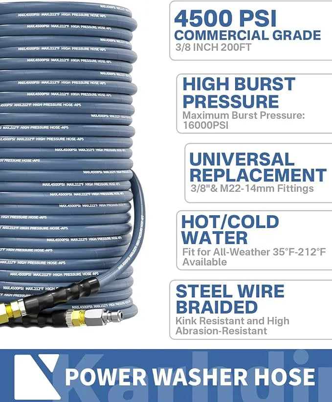 Pressure Washer Hose 200FT 3/8" for Cold and Hot Water 212°F, with Swivel Quick Connect, 4500PSI Kink Resistant Grade Steel Wire Braided, Power Washer Hose With 2pcs M22-14mm Adapter - NeatNest
