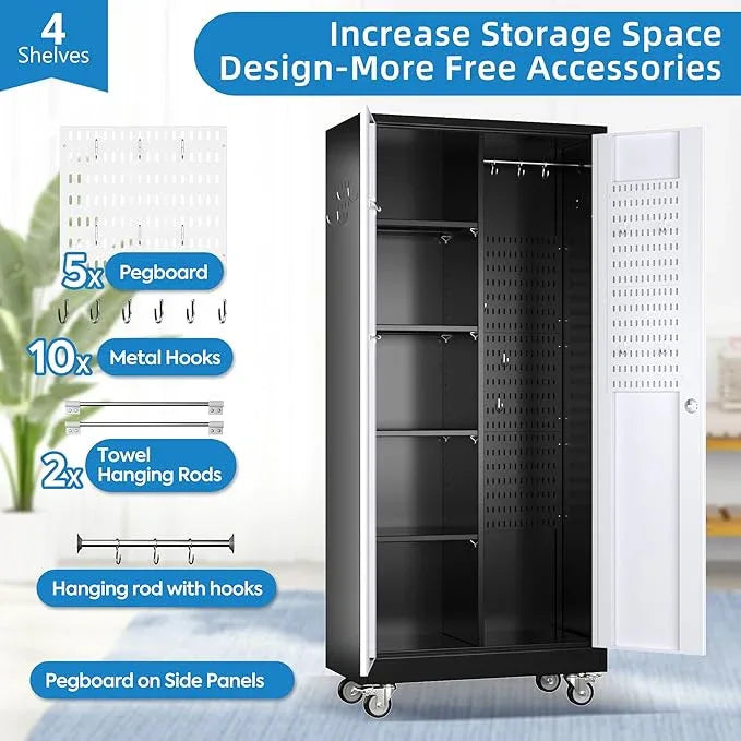 SUXXAN Broom Closet Storage Cabinet, Metal Cabinets with 13 Hooks and Hanging Rods, 71" Metal Storage Cabinet, Heavy Duty Cleaning Cabinet for Garage, Laundry Room - NeatNest