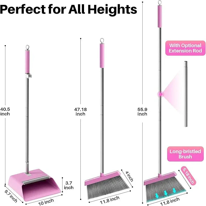 JOYMOOP Pink Broom and Dustpan Set with 56” Handle, Upright Angle with Built-in Comb Teeth for Hardwood Floors and Pet Hair - NeatNest