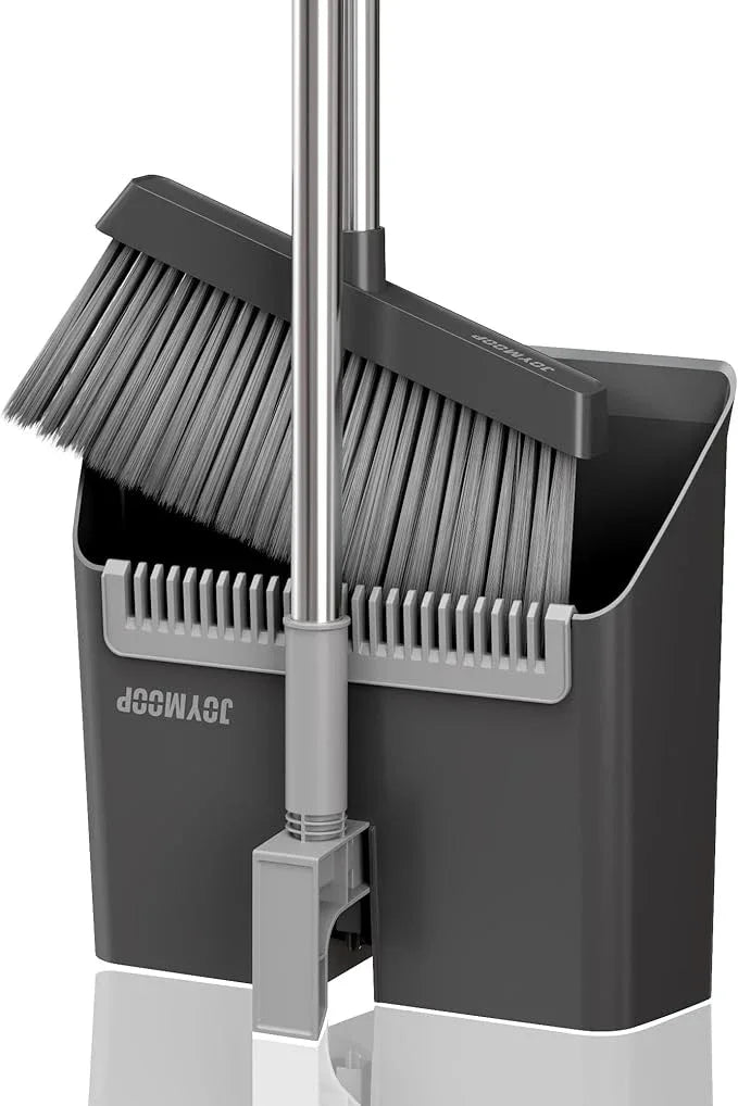 JOYMOOP Black Broom and Dustpan Set, Upright Angle Design with Built-in Comb Teeth for Home, Office, Hardwood Floors, Pet Hair - NeatNest