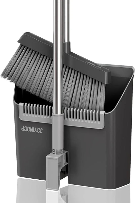 JOYMOOP Black Broom and Dustpan Set, Upright Angle Design with Built-in Comb Teeth for Home, Office, Hardwood Floors, Pet Hair - NeatNest
