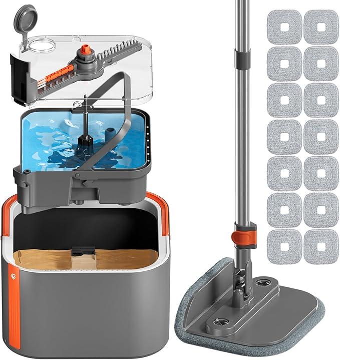 Upgraded Spin Mop and Bucket Self-Standing Mop Bucket Separate Dirty and Clean Water System Self Wringing 360° Rotating Clean Mop and Bucket Set (Drak Gray, 14Pads Mop and Bucket Set) - NeatNest