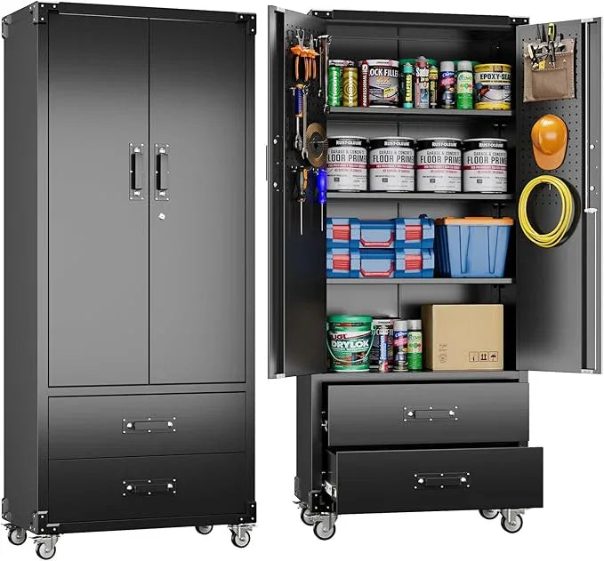 SUXXAN Rolling Storage Cabinet with 2 Doors and 2 Drawers, Heavy Duty Metal Storage Cabinet with Shelves, Locking Steel Cabinet for Warehouse, Home, Office (Black) - NeatNest