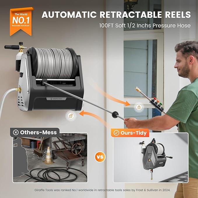 Giraffe Tools Wall Mounted Pressure Washer with 100ft Detachable Hose, Max 2900 PSI 2.2 GPM Electric Power Washer with 1800W Motor, Automatic Rewind, Any Length Locky - NeatNest