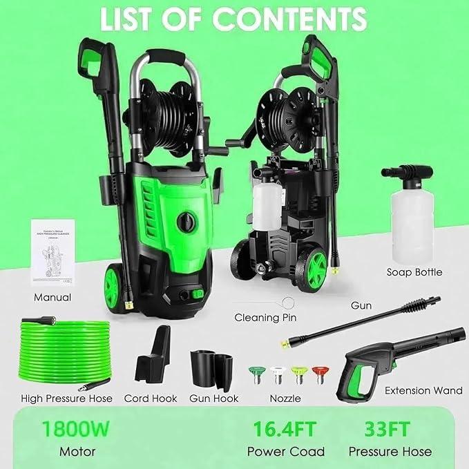Pressure Cleaner High Power Cleaner with 33ft Pressure Hose, 4 Nozzle and Soap Bottle for Car, Fence, Patio (Light Green) - NeatNest