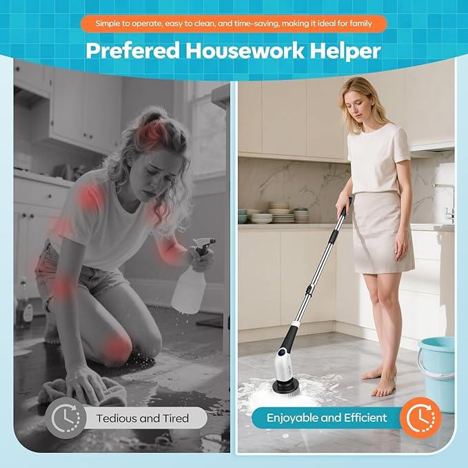 YKYI Electric Spin Scrubber,Cordless Cleaning Brush,Shower Cleaning Brush with 8 Replaceable Brush Heads,Power Scrubber 3 Adjustable Speeds,Adjustable & Detachable Long Handle,Voice Broadcast - NeatNest