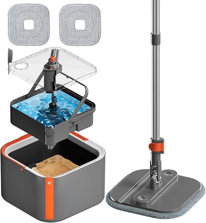 KZKR Upgraded Spin Mop and Bucket Set, Separate Clean and Dirty Water System, 360° Foldable Square Mop Head with Washable Microfiber Mops Pad, Detachable Bucket for Home Floor Cleaning - NeatNest