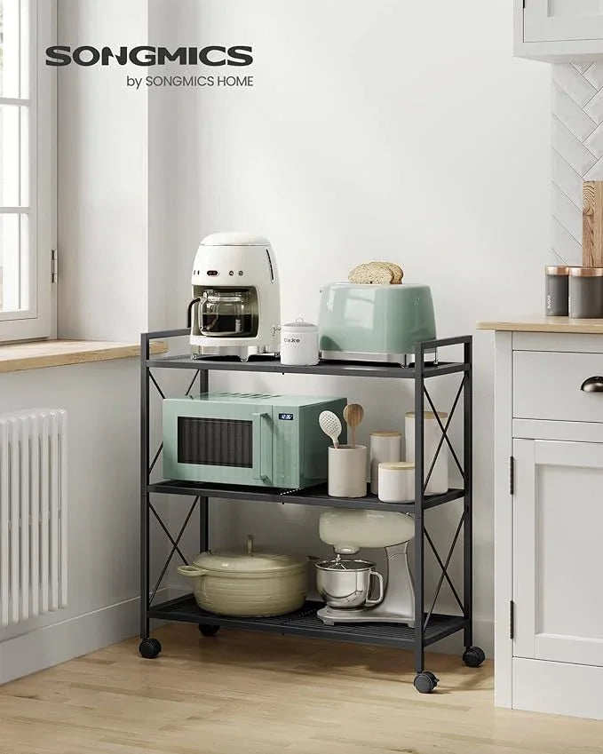 SONGMICS 3-Tier Metal Storage Rack with Wheels, Mesh Shelving Unit with X Side Frames, 31.5-Inch Width, for Entryway, Kitchen, Living Room, Bathroom, Industrial Style, Black UBSC183B01 - NeatNest