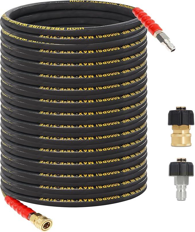 100FT Pressure Washer Hose 3/8''- 5000 PSI High Tensile Wire Braided Kink Resistant Power Washer Hoses Extension, Hot & Cold Water Max 140°F with 2 Pcs M22-14mm 3/8" Quick Connect Kits - NeatNest
