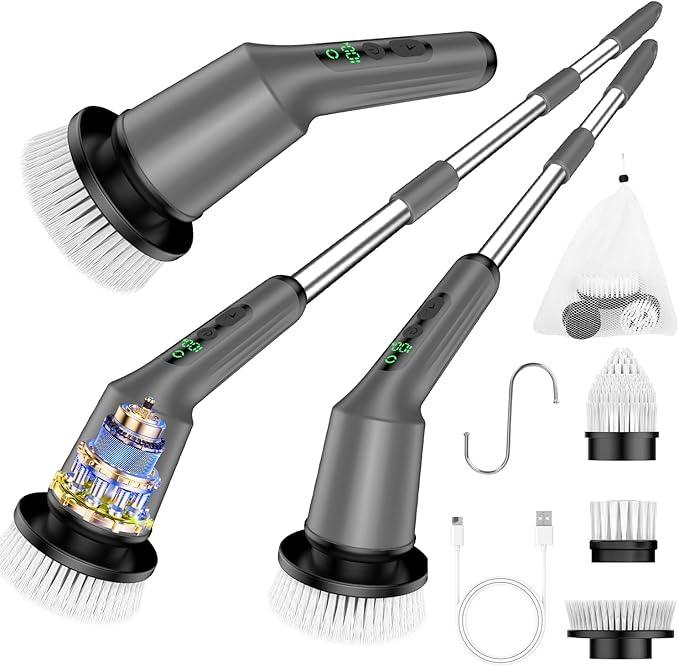 Electric Spin Scrubber for Cleaning Bathroom, Shower Scrubber Cordless Cleaning Brush with IPX7 Waterproof & 2 Speed, 3 Brush Heads, Bathroom Cleaning Supplies for Shower Tub Tile Toilet Grey - NeatNest