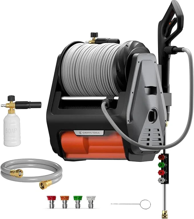 Giraffe Tools Grandfalls Retractable Pressure Washer Pro, Wall Mounted Pressure Washer with 1800W Brushless Motor, 3700PSI Electric Power Washer with 100ft Pressure Hoses, Dark Silver - NeatNest