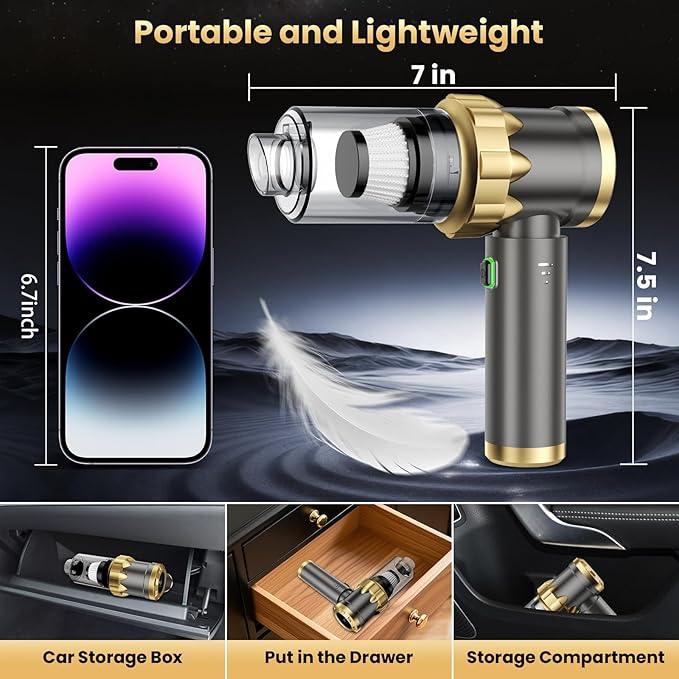 Car Vacuum Portable Cordless - Handheld Vacuum Cleaner with 16000PA Strong Suction, 7-in-1 Air Duster/Blower, Rechargeable Mini Vacuum with Long Battery, Multi-Nozzles for Car,Home, Office, Pet - NeatNest