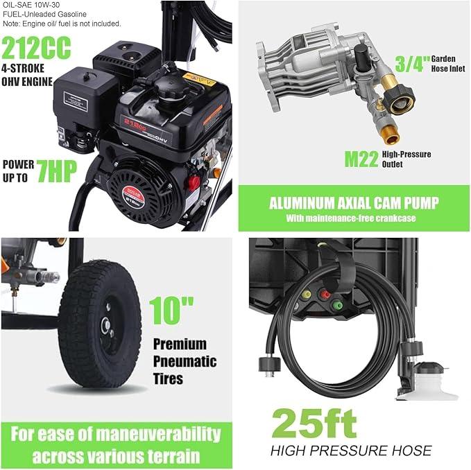 4200 PSI Gas Pressure Washer, 4.0 Max GPM 212CC 7HP Commercial Gas Power Washer, Spray Gun and Wand, 5 Nozzle Set, for Cars/Fences/Driveways/Homes/Patios/Furniture - NeatNest