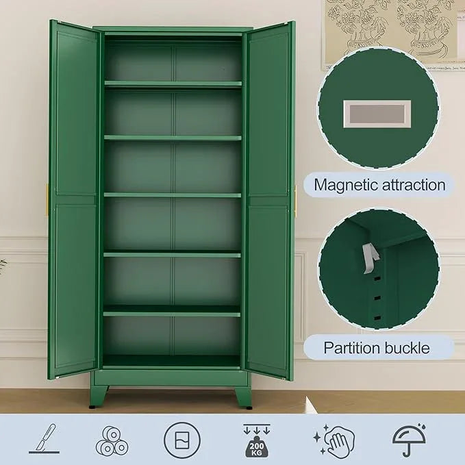 Green Metal Storage Cabinet,75" Steel Cabinets for Home Office, Kitchen Pantry Storage Cabinet with Doors and 5 Adjustable Shelves, Tool Cabinets, for Office, Home, Garage, School - NeatNest
