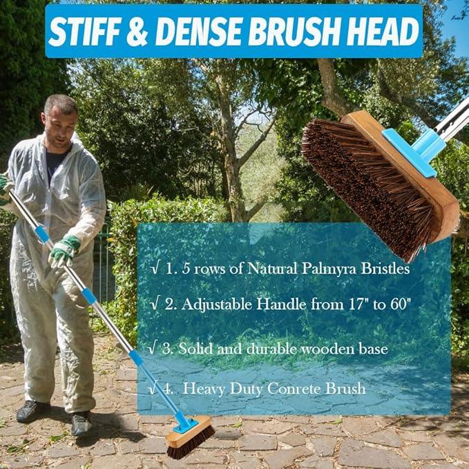 YONILL Heavy Duty Deck Brush with Long Handle - 60" Floor Scrub Brush with Stiff Natural Palmyra Bristles, Outdoor Scrubber Brushes for Cleaning Rough Surface, Concrete Floor, Patio, Garden, Sidewalk - NeatNest