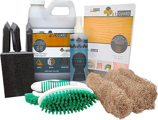 Teak Cleaning Supplies Bundle Featuring 64oz Teak Brightener and Finish, Super Cleaner 8 oz, Wood Scrub Brush, Foam Brushes & Bronze Wool, Water-Based & Safe - NeatNest