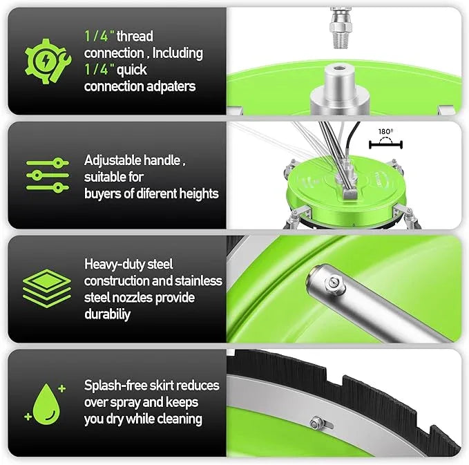 20" Pressure Washer Surface Cleaner with 4 Wheels - Coated Green Dual Handle Stainless Steel Surface Cleaner for Pressure Washer Attachment for Concrete, Patio, Sidewalk, Deck and Driveways - PWS20G - NeatNest