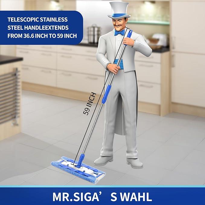 MR.SIGA Professional Microfiber Mop for Hardwood, Laminate, Tile Floor Cleaning, Stainless Steel Telescopic Handle - 3 Reusable Flat Mop Refills and 1 Dirt Removal Scrubber Included - NeatNest