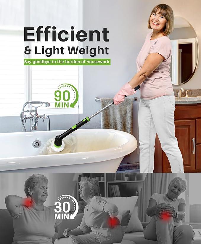 LyriFine Electric Spin Scrubber, 2024 New Full-Body IPX7 Waterproof Bathroom Cleaner Brush, Shower Scrubber with Long Handle & 2 Speed, Heads Replacement, Cleaning Supplies for Tub Shower Tile Floor - NeatNest