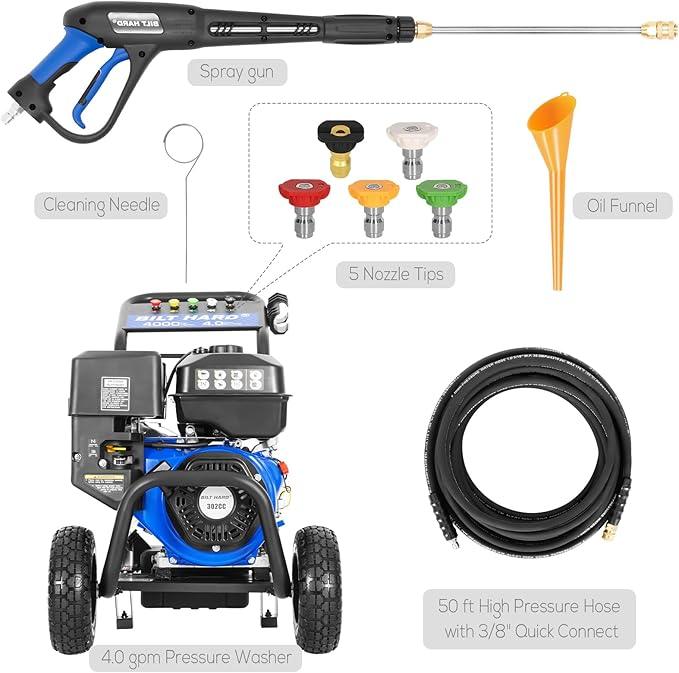 BILT HARD 4000 PSI 4.0 GPM GAS Pressure Washer, 302cc Engine, Gas Power Washer with Triplex Pump, Spray Gun and Wand, Built-In Soap Tank, 5 QC Nozzle Tips, 50 Ft Hose with 3/8" Quick Connect, 49-State - NeatNest
