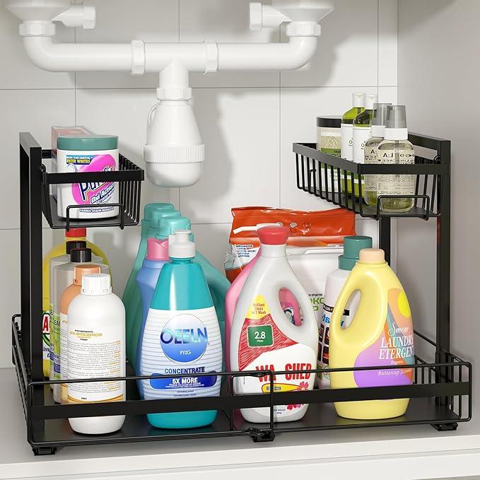 NADAMOO Expandable Under Sink Organizer 2-Tier Black Metal Storage Shelf, Adjustable Under Cabinet Organizer for Kitchen & Bathroom, Space-Saving Rack for Cleaning Supplies & Laundry Essentials - NeatNest