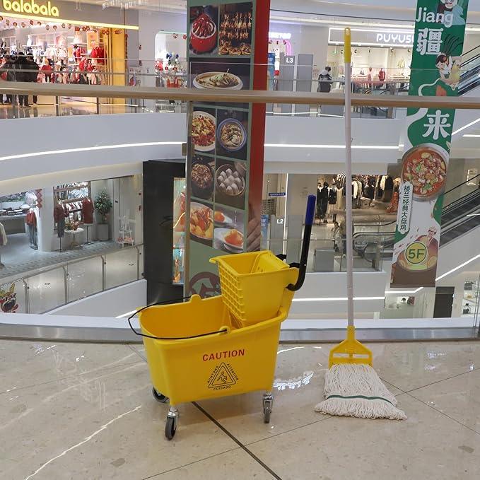 Commercial Mop Bucket with Side Press Wringer on Wheels, Including One Commercial Mop, 35 Quart, Yellow - NeatNest