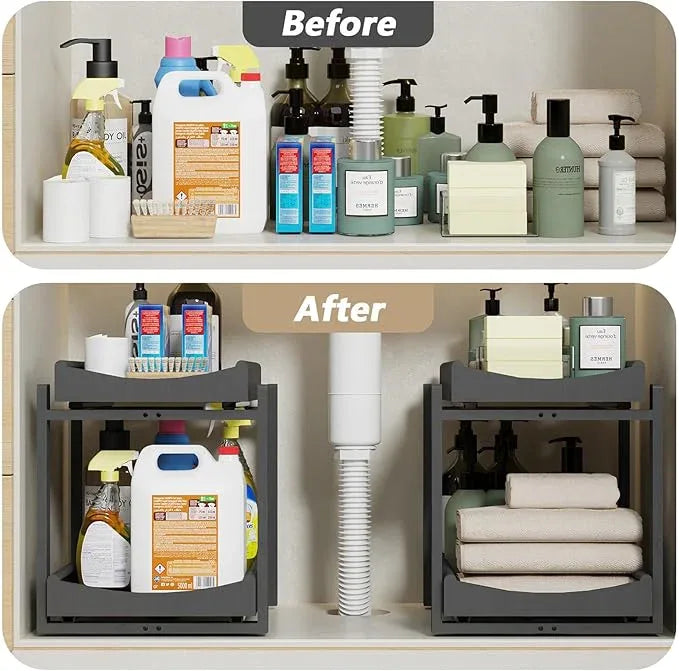 Bamboo Under Sink Organizer Adjustable Height 2 Tier Bathroom Organizer Pull Out Cabinet Storage Kitchen Heave Duty Wood Slide Ou Shelf for Kitchen Bathroom (Black, 2 Packs) - NeatNest