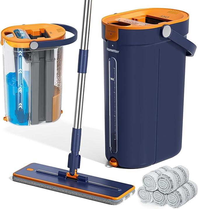 Mop and Bucket Set with Wringer, 3-Tank Flat Mop and Bucket System, Wall Mop Cleaner with Long Handle, Hands Free Mops for Floor Cleaning with 6 Microfiber Pads - NeatNest