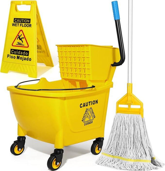 35 Qt Commercial Mop Bucket with Side Press Wringer on Wheels,Heavy Duty Industrial Mop and Bucket Set for Floor Cleaning,Including 1 Wet Floor Caution Sign for Household,Business,Yellow - NeatNest