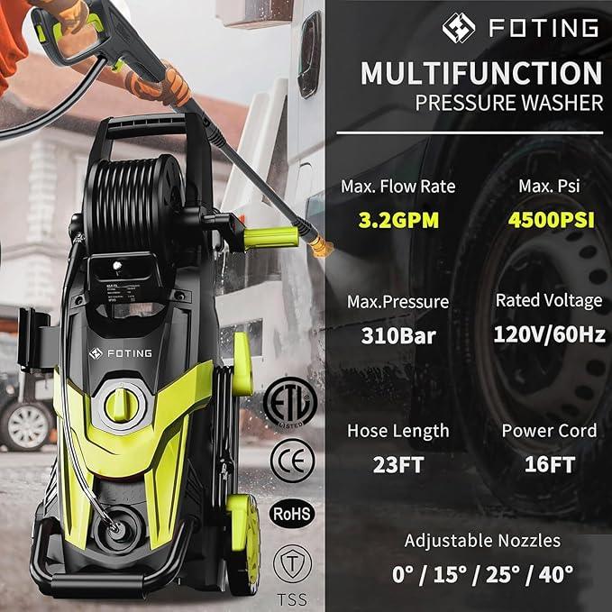 2025Upgraded Pressure Washer 4500PSI with 4 Quick Connect Nozzles,Inlet Hose & Filter, Foam Cannon for Cars/Fences/Driveways/Patios/Home Cleaning,Green - NeatNest