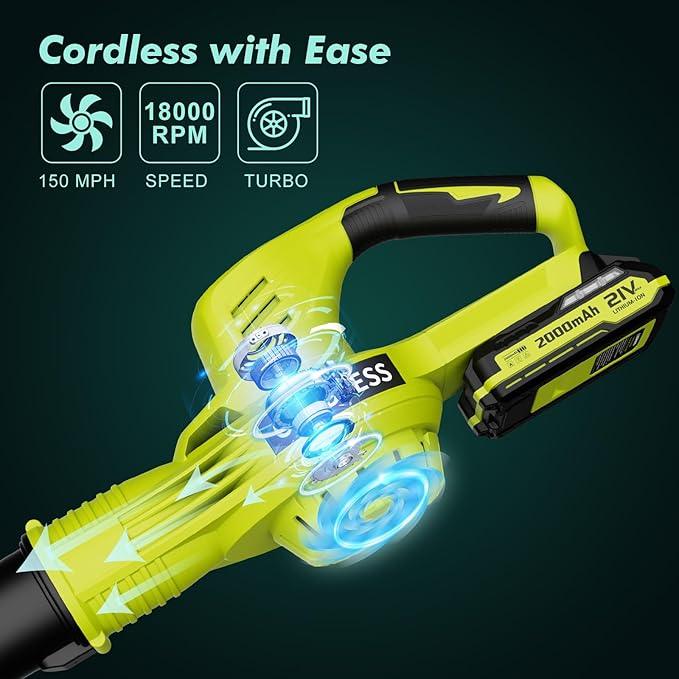Leaf Blower Cordless - 21V Powerful Electric Leaf Blower with 2 Batteries and Charger, 2 Speed Modes, 2.0Ah Lightweight Battery Powered Leaf Blowers for Lawn Care, Patio, Dust, Blowing Leaves - NeatNest