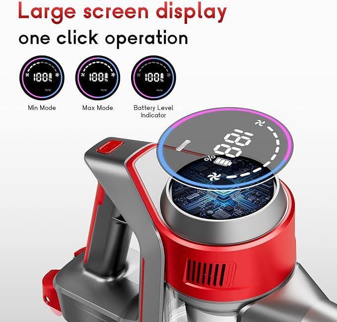 Cordless Stick Vacuum Cleaner - Rechargeable, 35Kpa Powerful Vacuums with Detachable Battery, LED Display, 45Mins Runtime, 8 in 1 Handheld Vacuum for Hardfloor & Carpets Pet Hair, Red - NeatNest