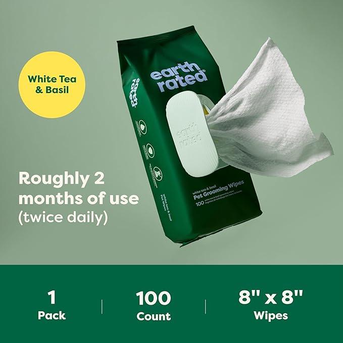 Earth Rated Pet Wipes for Dogs and Cats, Hypoallergenic, 3-in-1 Cleaning, Deodorizing and Hydrating, for Grooming Paws, Body and Butt, New White Tea and Basil Scent, 100 Count - NeatNest
