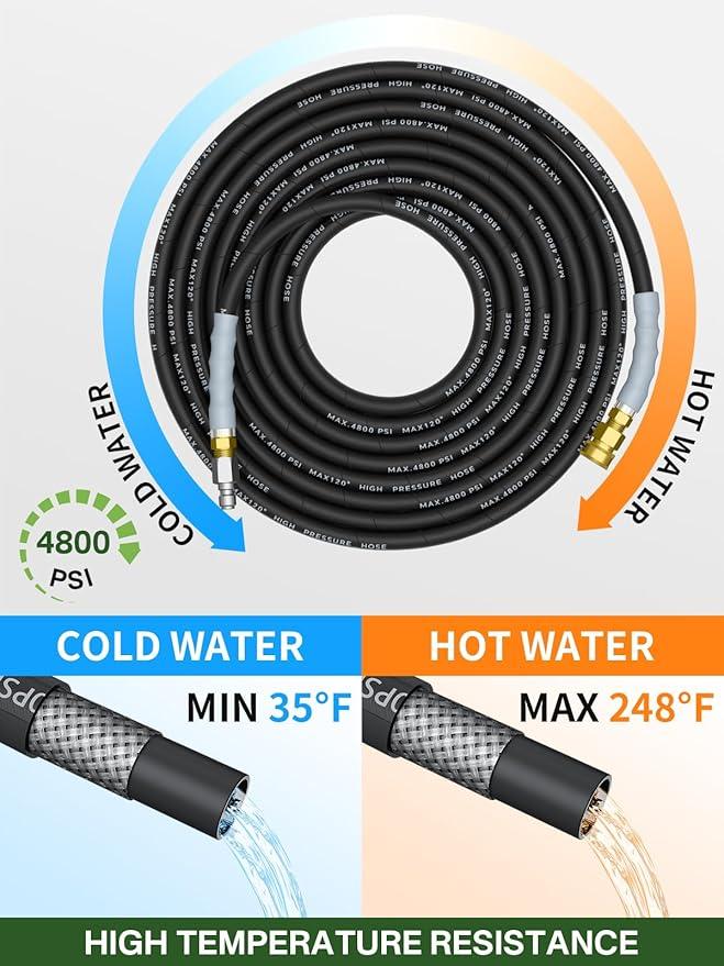 3/8" 4800PSI Pressure Washer Hose 50FT with Swivel Quick Connect for Cold/Hot Water Max 248°F, Kink Resistant Steel Wire Braided, Wear Resistant Power Washer Hose with M22 14mm Adapter - NeatNest