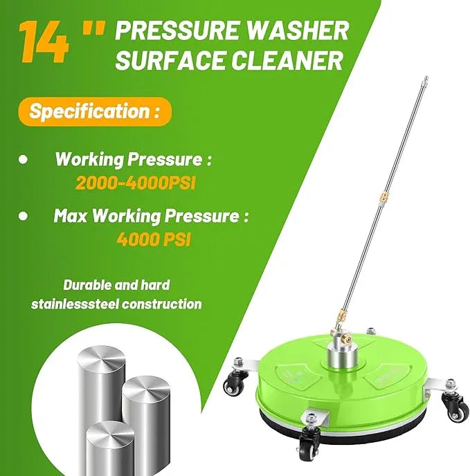 14" Pressure Washer Surface Cleaner with 4 Wheels - Coated Green Stainless Steel Surface Cleaner for Pressure Washer Attachment for Concrete, Patio, Sidewalk, Deck and Driveways - PWS14G - NeatNest