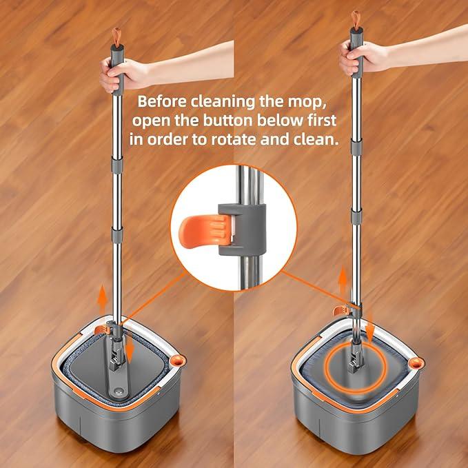 KZKR Spin Mop and Bucket Set with 10 Replaceable Microfiber Mop Pads with Self Separation Dirty and Clean Water System, Self Wringing 360° Rotating Square Mop Head for Hardwood Tile Marble Floors - NeatNest