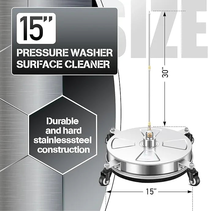 15" Pressure Washer Surface Cleaner with 4 Wheels - Stainless Steel Surface Cleaner for Pressure Washer Attachment for Concrete, Patio, Sidewalk, Deck, Driveways and Daily Washing - PWS 15 - NeatNest