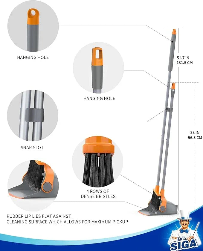 MR.SIGA Broom and Dustpan Set with Long Handle, Stand Upright Broom with Dustpan Combo for Cleaning Office, Garage, Lobby, Lightweight Sweeping Set, 51.7"(131 cm) Long Handle, Gray & Orange - NeatNest