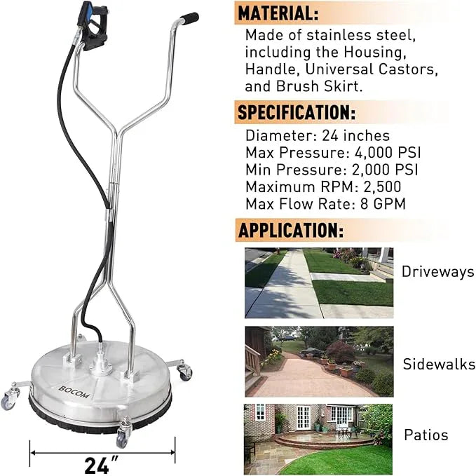 BOCOM 24 Inch Pressure Washer Surface Cleaner Dual Handle Commercial Power Washer Accessory & Parts Concrete Floor Scrubber Attachment with Wheels for Cleaning Driveways, Sidewalks, Patios, 4000 PSI - NeatNest