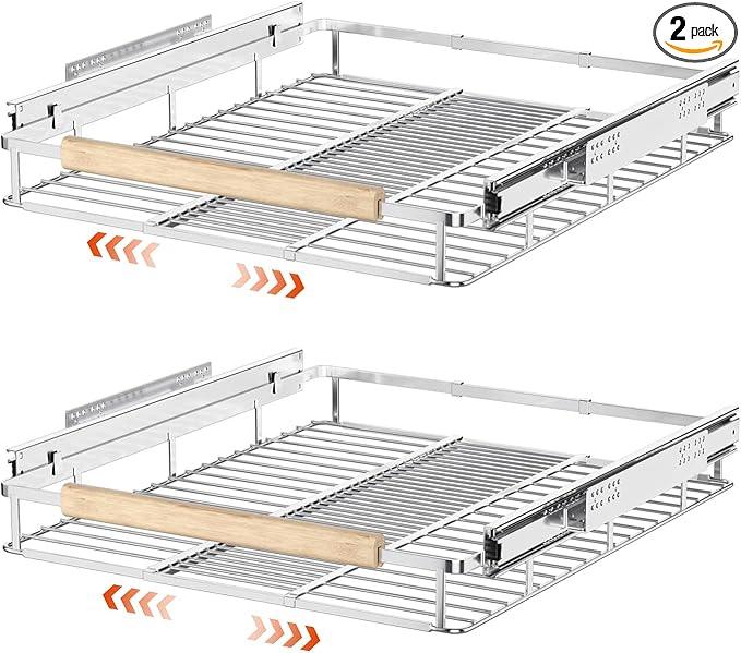 SANNO Expandable Pull Out Cabinet Organizer, Heavy Duty Under Sink Slide Out Cabinet Organizer, Pots Pans Kitchen Organizer Basket, Smooth Roll adjustable Sliding Drawer Expand to 12 to17.5, 2 Pack - NeatNest