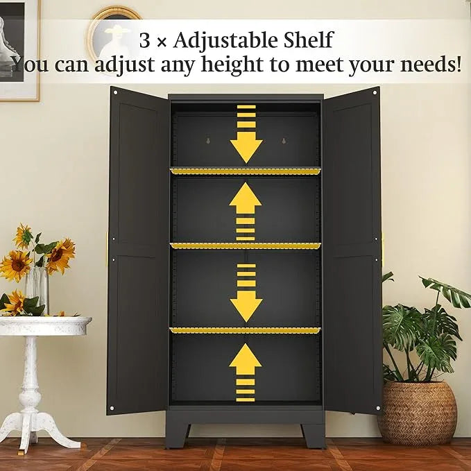 Black Metal Storage Cabinet, 61" Steel Cabinets for Home Office, Kitchen Pantry Storage Cabinet with Doors and 3 Adjustable Shelves, Metal Tool Cabinet, for Office, Home, Garage, School - NeatNest