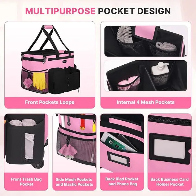 Large Rolling Cleaning Caddy Bag with Detachable Trolley, Waterproof Cleaning Caddy on Wheels for Housekeepers, Cleaning Cart Supplies Organizer for Home,Car,Office,Picnic (Pink) (in Patent) - NeatNest