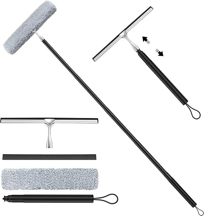 Window Squeegee for Home, 2 in 1 Window Washing kit with Extension Pole Long Handle Squeegee for Shower Glass Floor Tile Wall Car Windshield, 12 inch Wide, Black - NeatNest