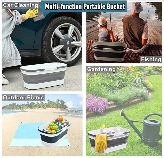 Collapsible Mop Bucket Basin Tub with Handle and Wheels, 12L (3.2 Gallon) Foldable Small Plastic Container for Household Cleaning, Car Washing, Portable Basket Bin Tool for Storage Organizer, Grey - NeatNest