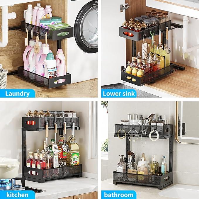Under Sink Organizer, 2-Tier Pull Out Cabinet Organizer with Adjustable Height, Use in Kitchen Bathroom Cabinet and Countertop Storage, Black - NeatNest