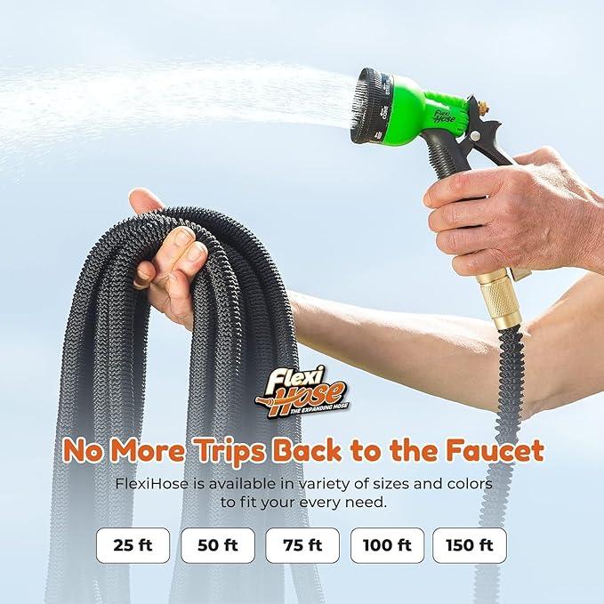 Flexi Hose Expandable Garden Hose with 8 Function Nozzle, 75FT - Lightweight Retractable Garden Hose, Water Hose - No-Kink Flexibility, 3/4 Inch Solid Brass Fittings and Double Latex Core - NeatNest