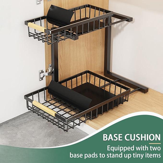 2 Pack 2 Tiers Pull Out Under Sink Organizers, Metal Kitchen Storage Shelf, Pull Out Under Sink Storage Rack, Multi-purpose Under Sink Shelf Organizer for Under Sink Cabinet Bathroom Kitchen (Black) - NeatNest