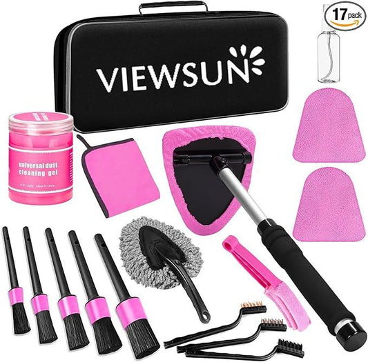 Viewsun Windshield Cleaner Tool, 17Pcs Pink Car Interior Cleaning Kit, Detailing Kit Cleaner, Detailing Brush, Cleaning Gel, Inside Cleaning Supplies Accessories for Women Girl Gift - NeatNest