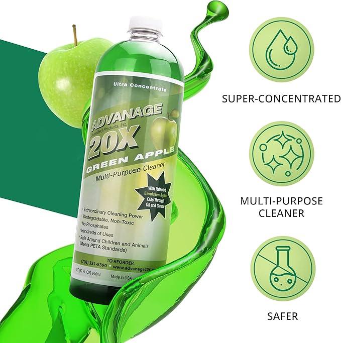 Advanage 20X All Purpose Cleaner Concentrate – Green Apple Eco-Friendly Heavy Duty Degreaser, Multisurface Cleaner for Bathroom, Kitchen, Floors, Household Cleaning Supplies, Made in USA, 32 Fl Oz - NeatNest